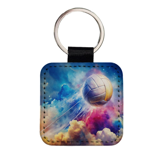 Volleyball Ball Rocketing Through The Sky Watercolor Square Faux Leather Keychain