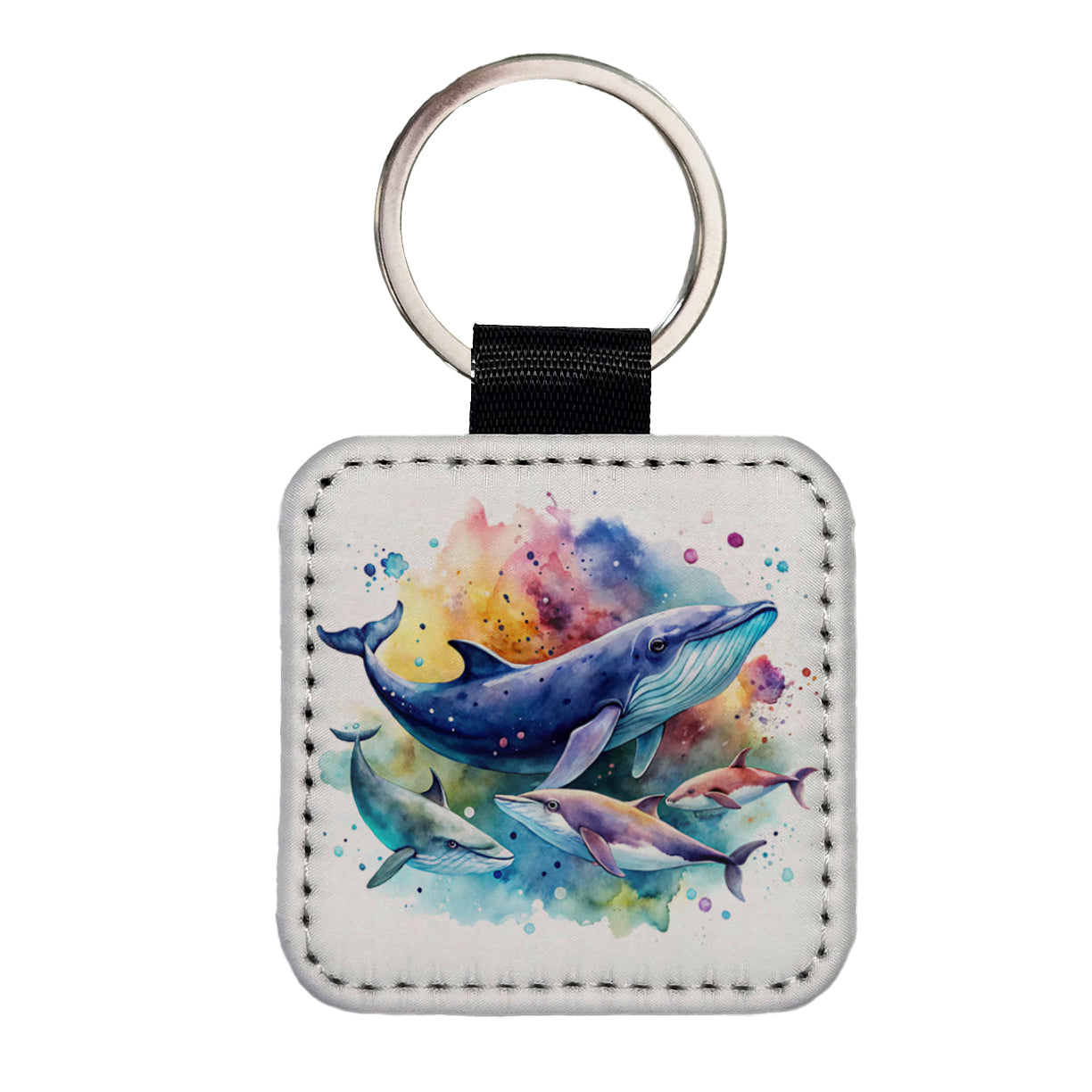 Whales Family Colorful Watercolor Square Faux Leather Keychain