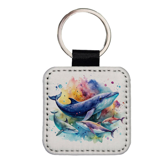 Whales Family Colorful Watercolor Square Faux Leather Keychain