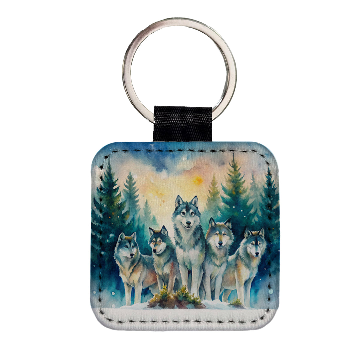 Wolfpack Snowy Forest Wolf Scene Watercolor Square Faux Leather Keychain
