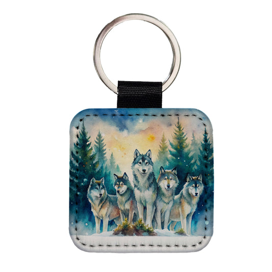 Wolfpack Snowy Forest Wolf Scene Watercolor Square Faux Leather Keychain
