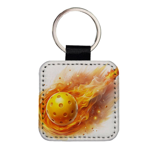 Yellow Pickleball Ball Rocketing Through The Air Square Faux Leather Keychain