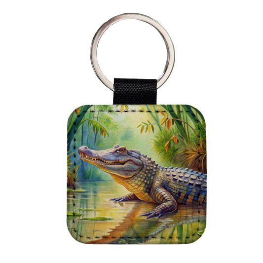 Alligator Crocodile In Swamp Square Faux Leather Keychain
