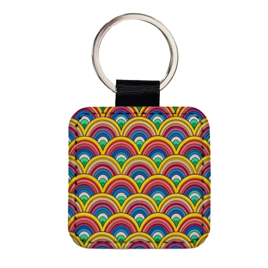 Bohemian Rainbow Pattern Square Faux Leather Keychain