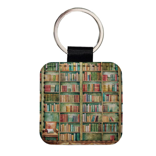 Books Bookshelves In Library Reading Reader Square Faux Leather Keychain