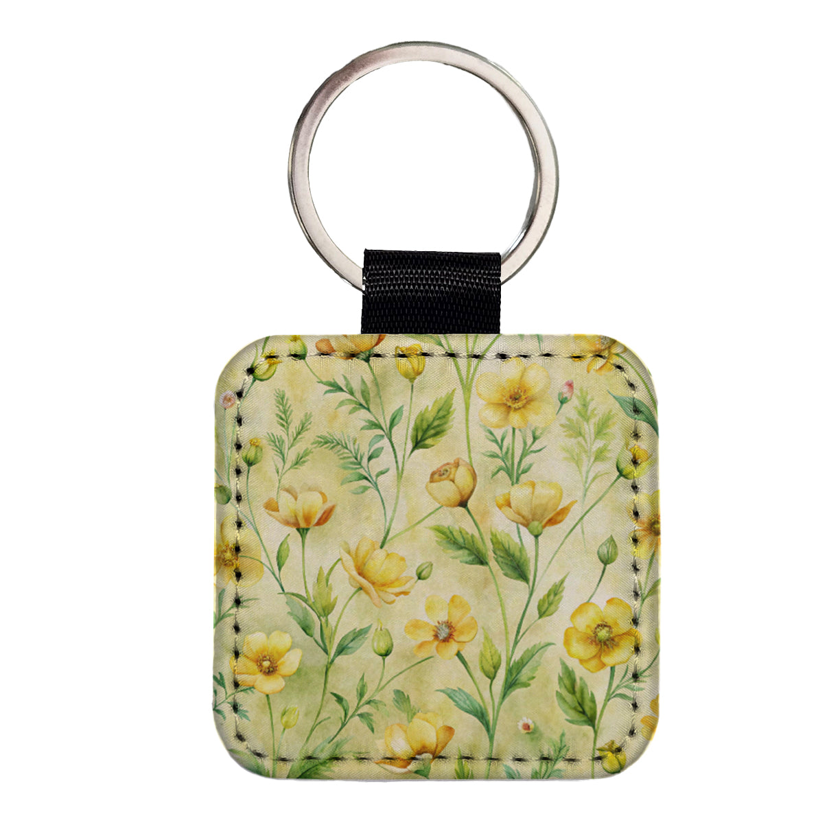 Buttercups Yellow Flowers Square Faux Leather Keychain