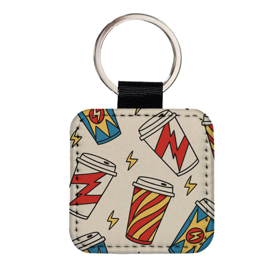 Coffee Cups Dynamic Square Faux Leather Keychain