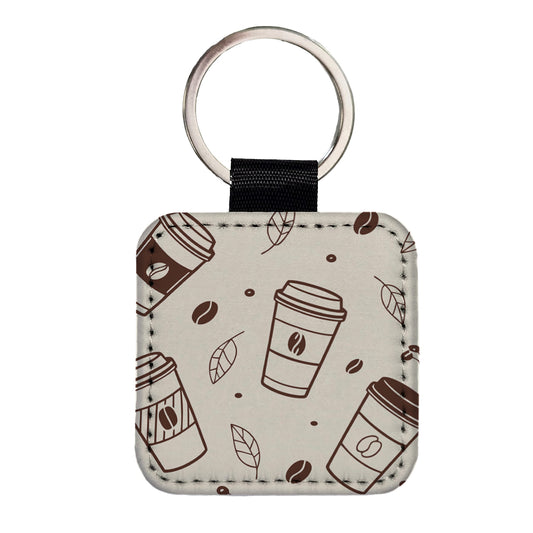 Coffee Cups Scattered Square Faux Leather Keychain