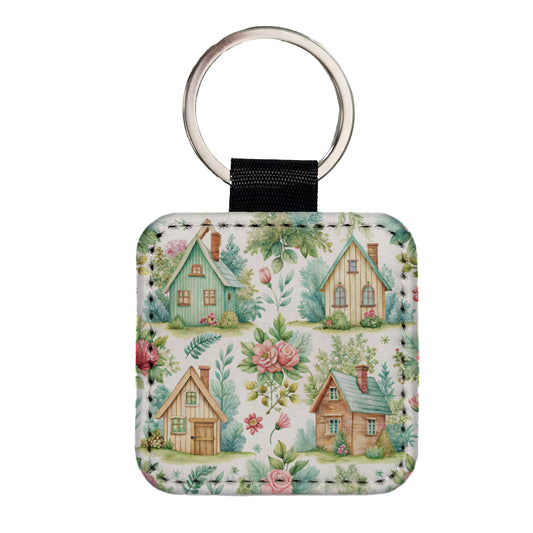 Cottagecore Adorable Homes In Country Square Faux Leather Keychain