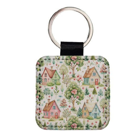 Cottagecore Cute Country Homes Pattern Square Faux Leather Keychain