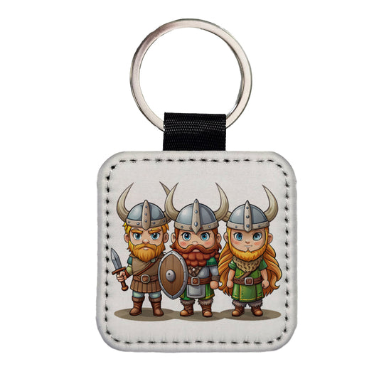 Cute Vikings Square Faux Leather Keychain