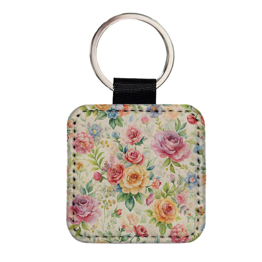 Ditsy Floral Flowers Pattern Square Faux Leather Keychain