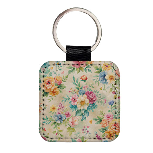 Ditsy Floral Flowers Wallpaper Square Faux Leather Keychain