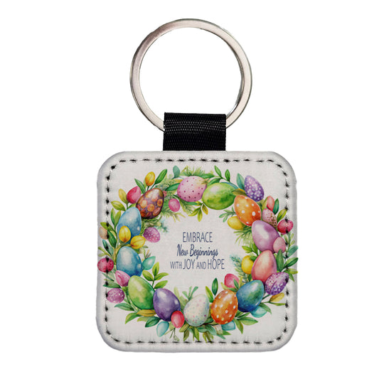 Embrace New Beginnings Easter Inspirational Square Faux Leather Keychain
