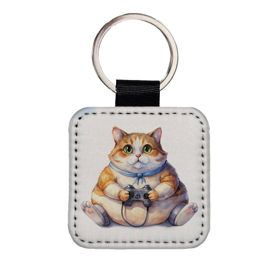 Fat Gamer Kitty Square Faux Leather Keychain