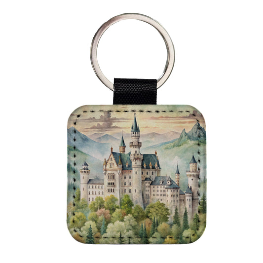 German Castle Watercolor Beautiful Neuschwanstein Square Faux Leather Keychain
