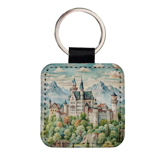 German Castle Watercolor Neuschwanstein Square Faux Leather Keychain