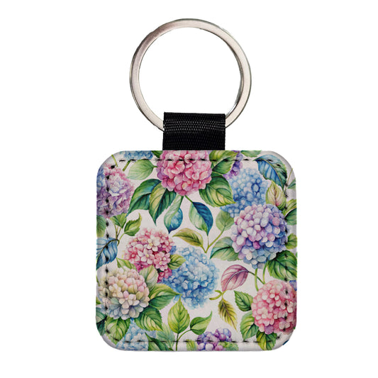 Hydrangea Floral Flowers Square Faux Leather Keychain
