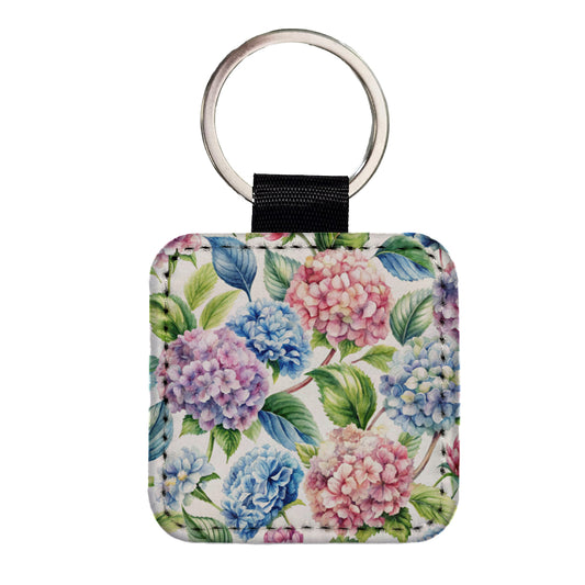 Hydrangea Flowers Wallpaper Square Faux Leather Keychain