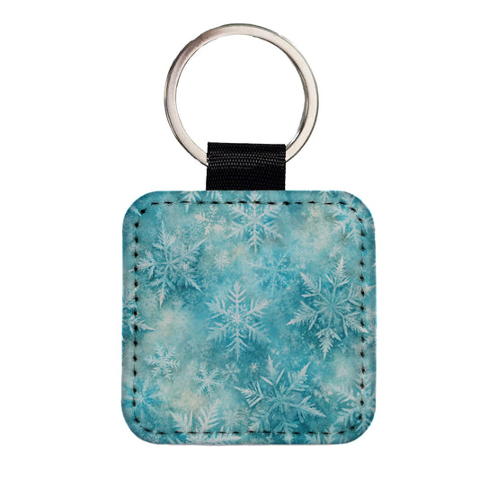 Ice Crystals Snowflakes Winter Square Faux Leather Keychain