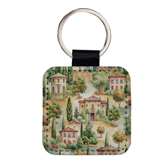Italian Villa Hillside Town Italy Square Faux Leather Keychain