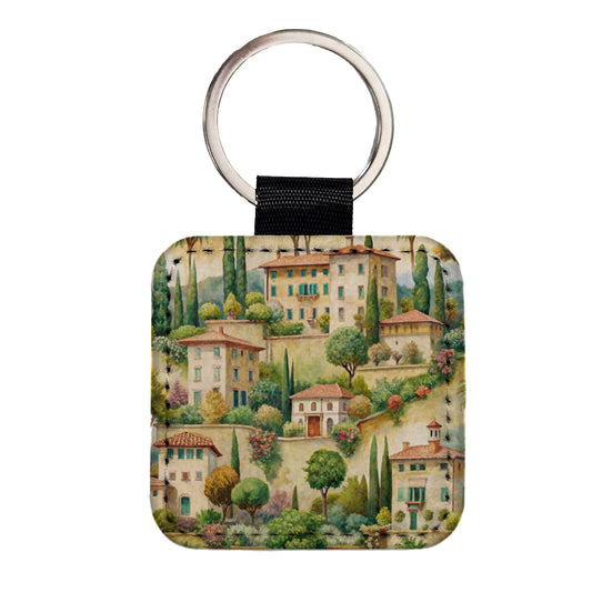 Italian Villa Town Italy Square Faux Leather Keychain