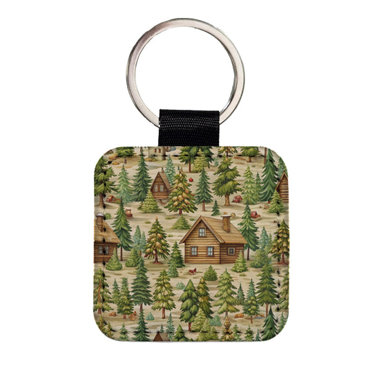Log Cabin In Forest Pattern Square Faux Leather Keychain