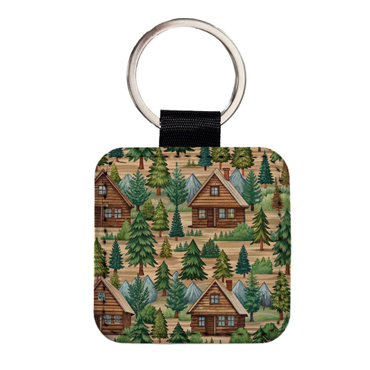 Log Cabin Pattern Square Faux Leather Keychain