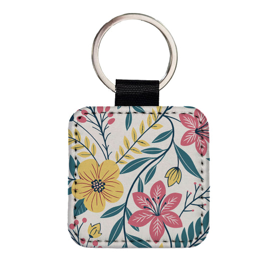 Pretty Flowers Floral Motif Colorful Square Faux Leather Keychain