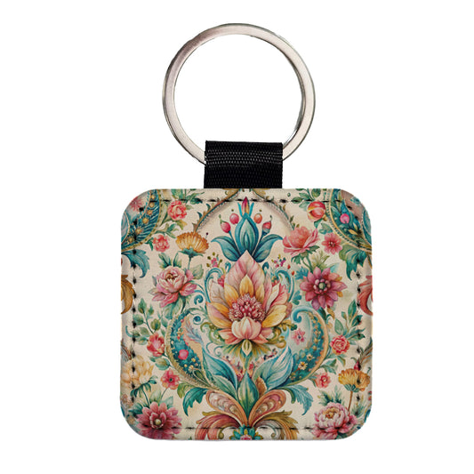 Refined Bohemian Wallpaper Square Faux Leather Keychain