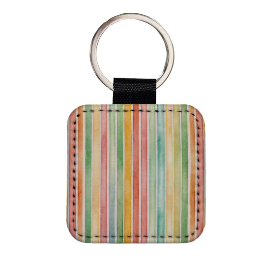 Striped 70s Wallpaper Square Faux Leather Keychain