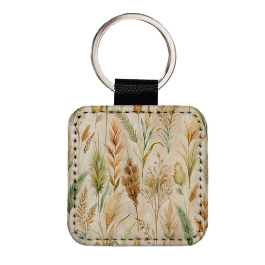 Wild Grasses Wheat Pattern Square Faux Leather Keychain