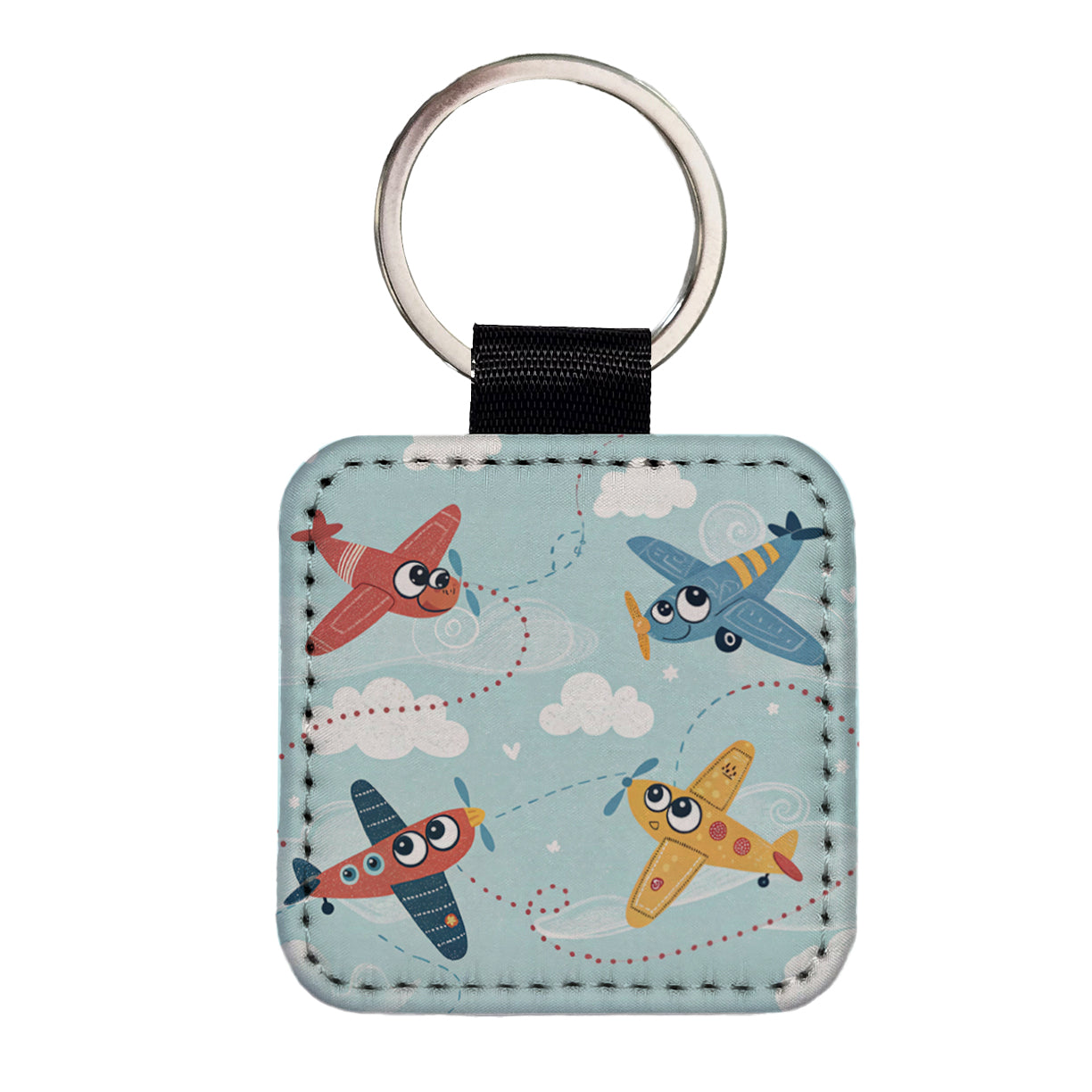 Airplanes Cute Cartoon Square Faux Leather Keychain