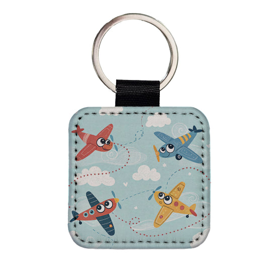 Airplanes Cute Cartoon Square Faux Leather Keychain
