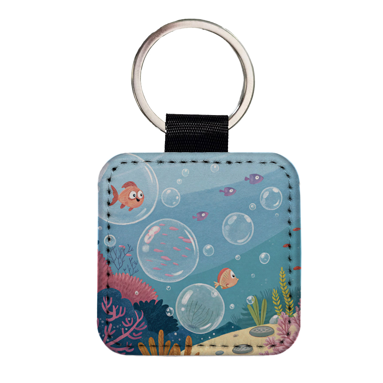 Bubbles Under Water Fish Square Faux Leather Keychain