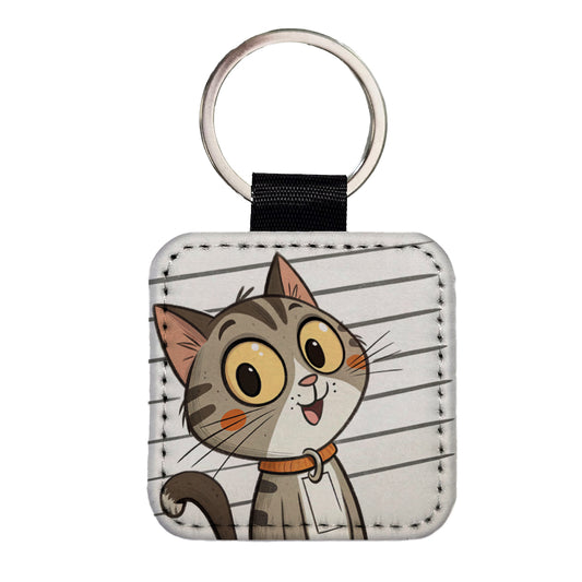 Cat Mug Shot Square Faux Leather Keychain