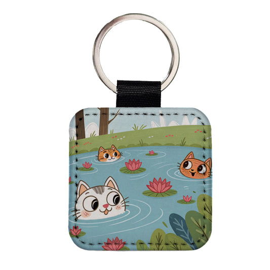 Cats Swimming In Pond Cute Square Faux Leather Keychain