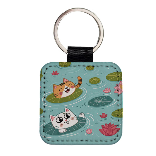 Cats Swimming In Pond Square Faux Leather Keychain