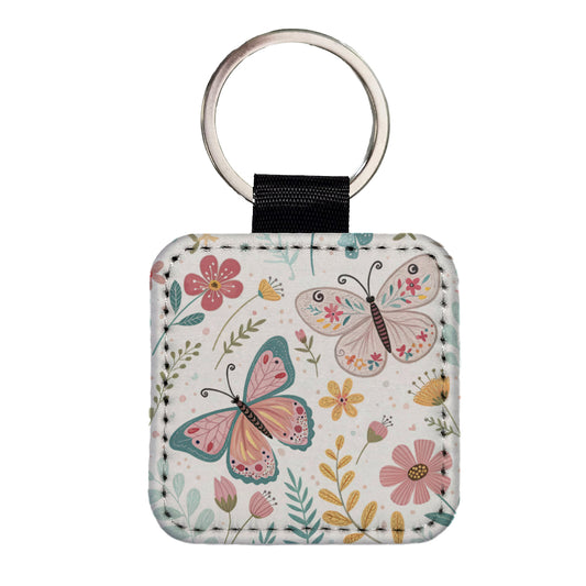 Cute Butterflies Pastel Square Faux Leather Keychain