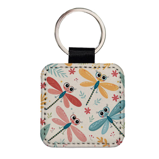 Cute Dragonflies Square Faux Leather Keychain