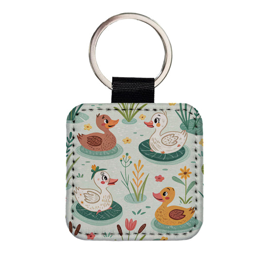 Cute Ducks In Pond Square Faux Leather Keychain