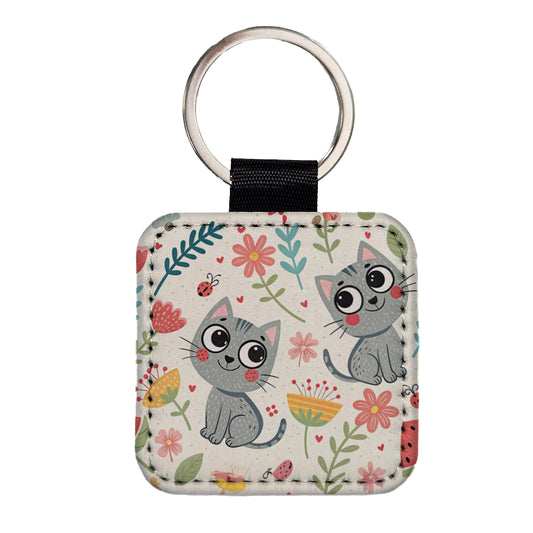 Cute Gray Cats Square Faux Leather Keychain