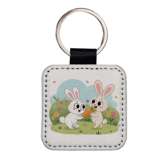 Cute Rabbits Bunnies Easter Square Faux Leather Keychain