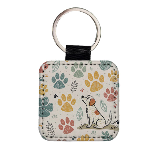 Dog Paw Prints Adorable Square Faux Leather Keychain