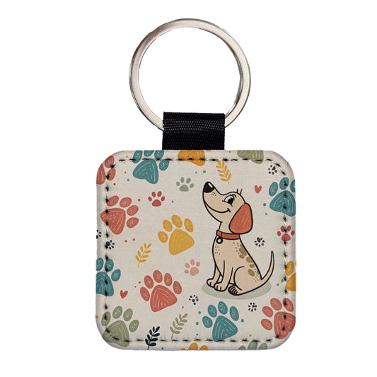 Dog Paw Prints Pastel Square Faux Leather Keychain