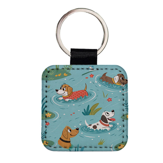 Dogs Swimming Playing In Pond Square Faux Leather Keychain