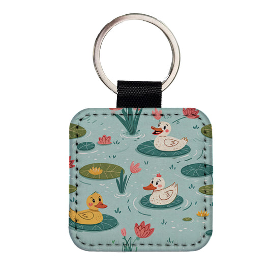 Ducks In Pond Square Faux Leather Keychain
