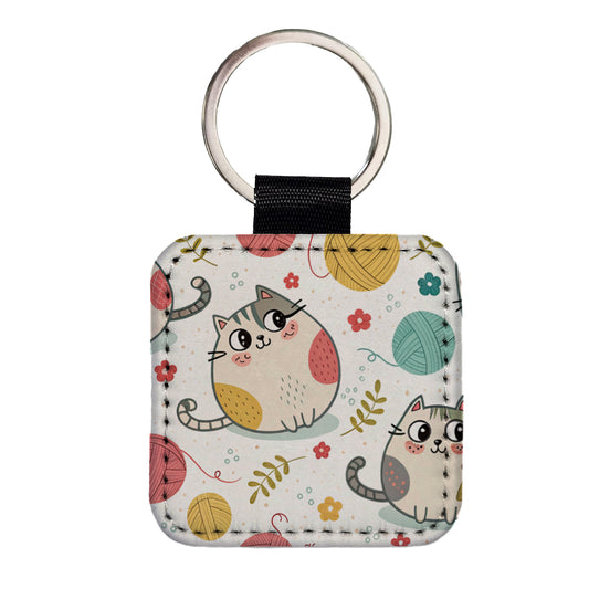 Fat Cats And Yarn Knitting Crochet Square Faux Leather Keychain