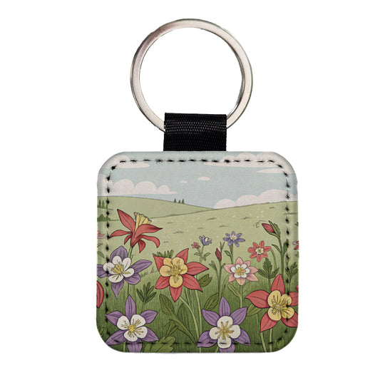Field Of Columbine Flowers Square Faux Leather Keychain