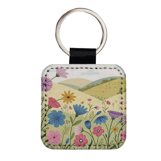 Field Of Corncockle Flowers Square Faux Leather Keychain